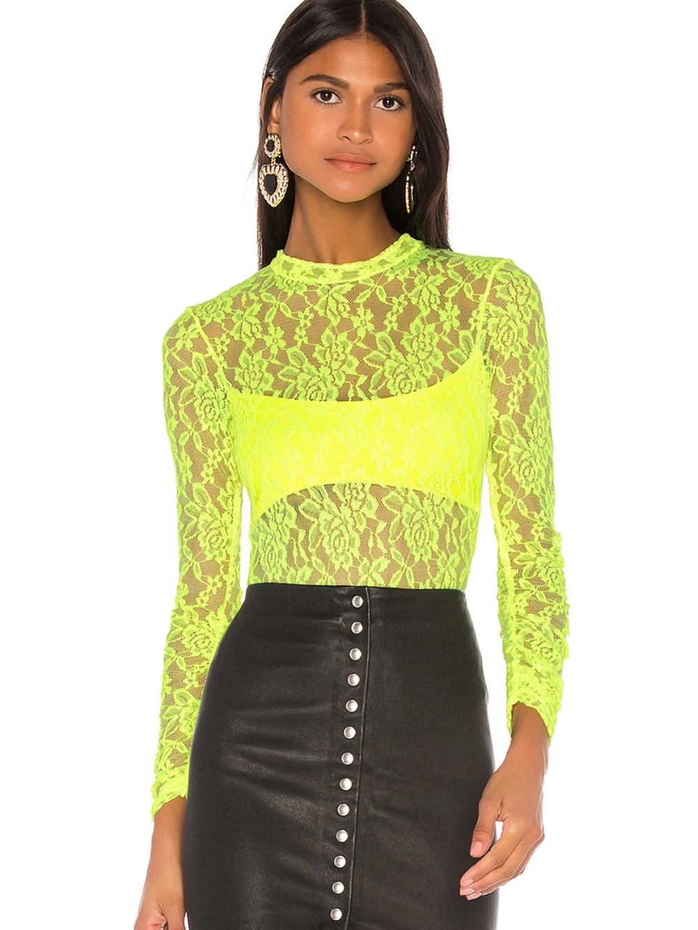 Jonathan Simkhai x Revolve Neon Yellow Lace Long Sleeve Bodysuit size Large - Picture 2 of 11